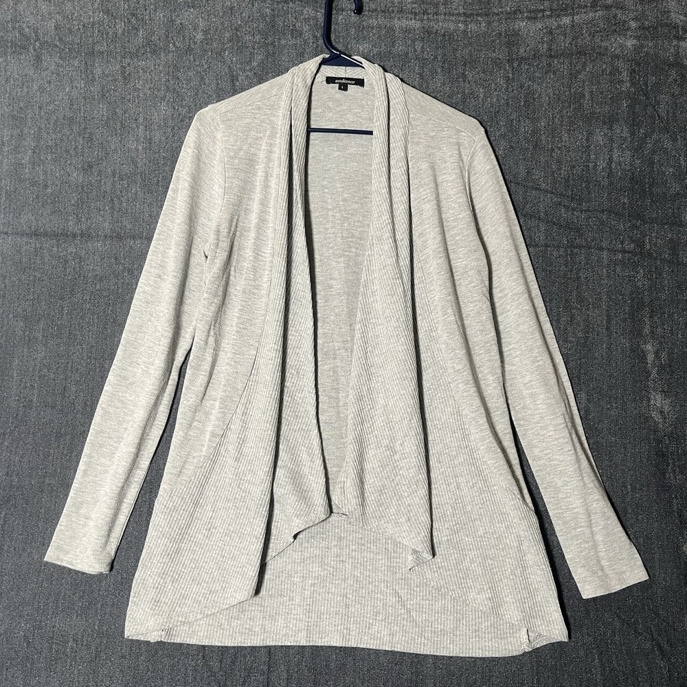 Ambiance Apparel Cardigan Sweater Womens Large L Gray Ribbed Open Front Draped